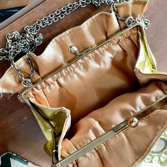 Vintage 1940s 50s Metallic Gold Fabric Slouch Bag Rhinestone Gold Tone Clasps - Picture 14 of 14